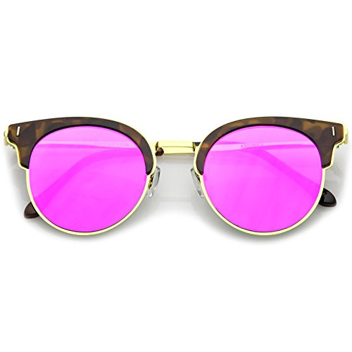 zeroUV - Modern Half Frame Round Colored Mirror Flat Lens Horn Rimmed Sunglasses 49mm -Tortoise-Gold/Magenta Mirror-