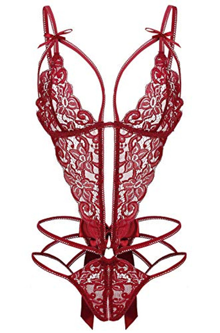 Donnalla Teddy Lingerie for Women One Piece Strappy Deep V Lace Cutout Bodysuit, Wine Red, Medium Donnalla Teddy Lingerie for Women One Piece Strappy Deep V Lace Cutout Bodysuit, Wine Red, Medium
