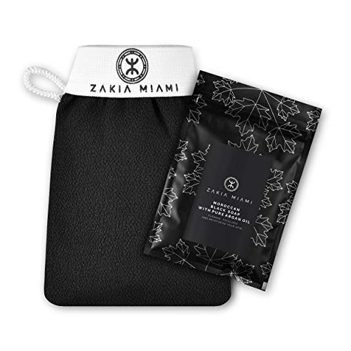 ZMCARE Original Moroccan Hammam Kessa Glove - Exfoliating Mitt for Smoother Skin - Body Exfoliator Body Scrub Glove - Morocco Shower Exfoliate Mitt - Bath Exfoliation Scrubber  plus Moroccan Black Soap with Pure Argan Oil -3.5 oz/100 grams-  Cleanse, Ex