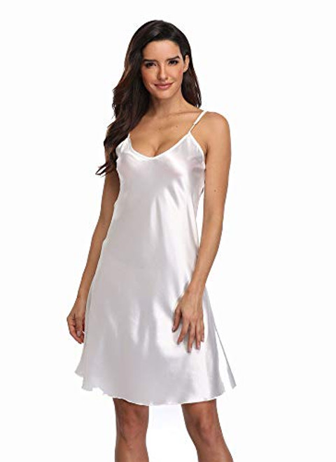 PENGEE Women Lingerie Satin Chemise Nightgown Sexy V Neck Nightwear Silk Bridal Short Nightshirts and Pure Color Sleepwear White PENGEE Women Lingerie Satin Chemise Nightgown Sexy V Neck Nightwear Silk Bridal Short Nightshirts and Pure Color Sleepwear White
