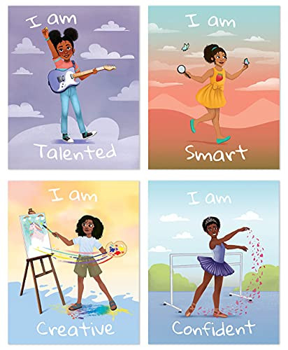 Girl Room Decor, Motivational Black Girl Wall Art, 4 Inspirational Posters for Girls, Positive Kids Wall Decor, Children Bedroom Decoration -8"x10" Unframed-