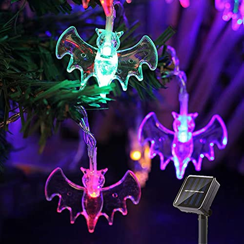 SNOMYRS Halloween Decoration Lights 21ft LED Bat String Lights 30 Led Solar String Light with 8 Modes for Patio Garden Gate Yard Halloween Christmas Decoration-Multicolor-