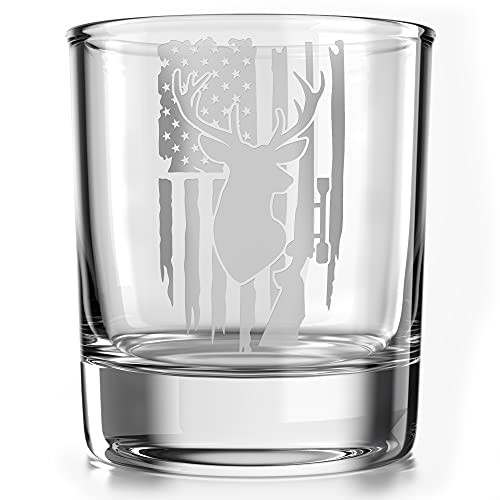 Deer Hunter American Flag - Old Fashioned Whiskey Rocks Bourbon Glass - 10 oz capacity - Made in the USA