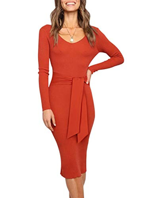 Womens Sexy V Neck Sweater Dress Fall Long Sleeve Backless Knitted Belt Tie Waist Ribbed Sweater Party Bodycon Maxi Dresses Orange Medium Womens Sexy V Neck Sweater Dress Fall Long Sleeve Backless Knitted Belt Tie Waist Ribbed Sweater Party Bodycon Maxi Dresses Orange Medium