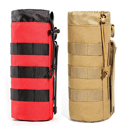 Upgraded Sports Water Bottles Pouch Bag, Tactical Drawstring Molle Water Bottle Holder Tactical Pouches, Travel Mesh Water Bottle Bag Tactical Hydration Carrier -RED plusTAN-