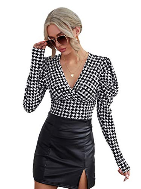 WDIRARA Women's Houndstooth V Neck Puff Long Sleeve Blouse Slim Fit Top Black and White S