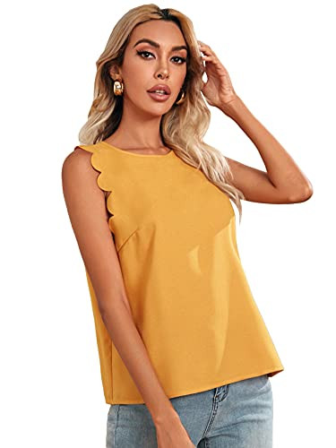 SheIn Women's Sleeveless Round Neck Blouse Top Scallop Trim Solid Blouse Shirt Yellow M