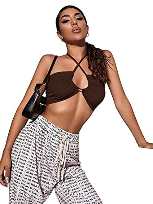SheIn Women's Sexy Sleeveless Self Tie Halter Criss Cross Solid Crop Cami Top Chocolate Brown Medium
