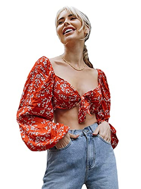 SOLY HUX Women's Floral Print Tie Front Long Bishop Sleeve Crop Top Blouse Red S SOLY HUX Women's Floral Print Tie Front Long Bishop Sleeve Crop Top Blouse Red S