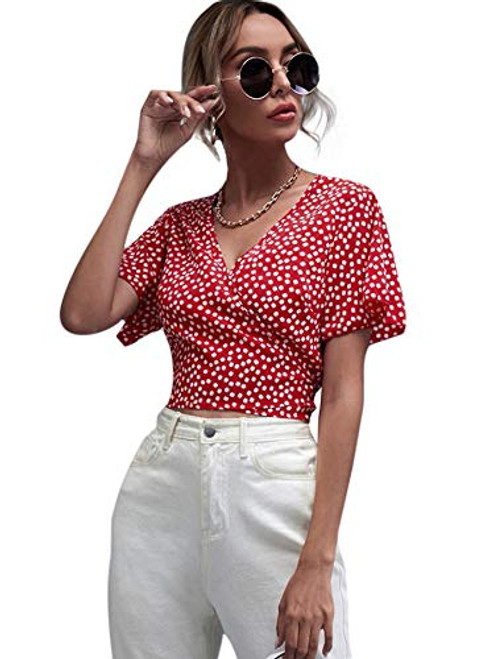 SOLY HUX Women's Ditsy Floral Print V Neck Short Sleeve Wrap Tie Side Crop Top Blouse Red L SOLY HUX Women's Ditsy Floral Print V Neck Short Sleeve Wrap Tie Side Crop Top Blouse Red L