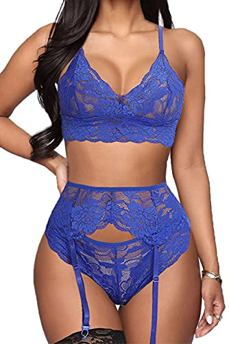 Womens Sexy Lace Lingerie Set with Garter Belt 3 Piece Bralette Panty Garter Small Blue Green