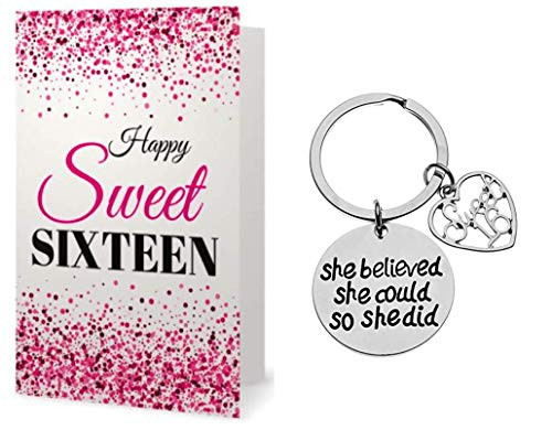 Sweet 16 Inspirational She Believed She Could So She Did Charm Keychain, Sweet Sixteen Jewelry Birthday Gift for Girls -Happy Birthday Card Set-
