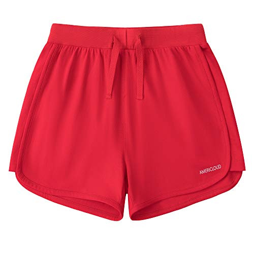 AMERICLOUD Girls Running Cotton Shorts Kids Drawstring Casual Short with Pockets Girls Workout Clothes 3-12 Years -Red-XL-