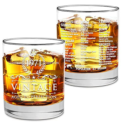 Vintage 1971 Printed 10.25oz Whiskey Glass, 1971 50th Birthday Gift for Men/Dad/Son,Hand Crafted Old Fashioned Whiskey Glasses, Perfect for Gift and Home Use