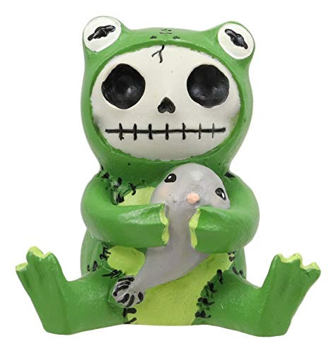 Ebros Furrybones Froggie The Green Frog Toad Holding Tadpole Figurine Small 3" H Furry Bones Skeleton Monster Collectible Decor Statue Gothic DOD Amphibian Frogs Toads Themed Decorative Sculpture