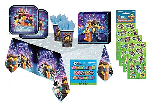 The Lego Movie 2 Birthday Party Supplies Bundle Set for 16 includes Lunch Plates, Lunch Napkins, Cups, Table Cover, Candles, Stickers