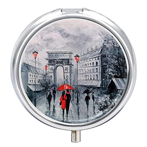 Round Pill Box/Pill Case -Three-Compartment Mini Pill Case/Pill Box for Purse Pocket Travel Gifts -Red Couple-