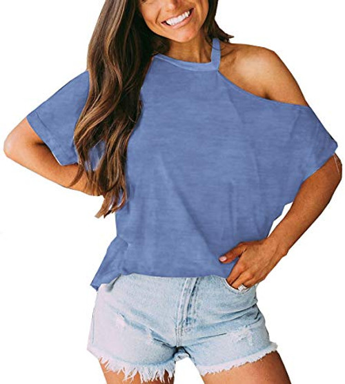Womens Cold Shoulder T Shirt Summer Ladies Sexy Tops Loose Short Sleeve Blouse Casual Cut Out Tee Blue M Womens Cold Shoulder T Shirt Summer Ladies Sexy Tops Loose Short Sleeve Blouse Casual Cut Out Tee Blue M