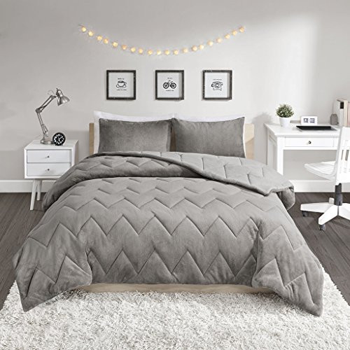 Intelligent Design Kai Solid Chevron Quilted Reversible Ultra Soft Microfiber To Cozy Plush Zipper Closure Comforter Set Bedding, Twin/Twin Xl Size, Grey 2 Piece