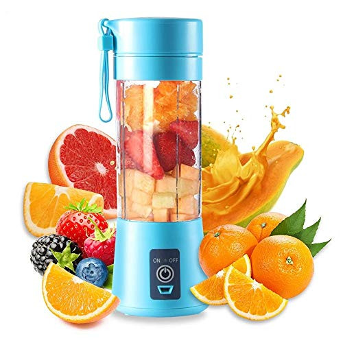 HANBO 380ml Electric Portable Juicer Blender Cup, Household Fruit Mixer with Six Blades in 3D, USB Rechargeable Juice Blender Magnetic Secure Switch Electric Fruit Mixer -Blue-