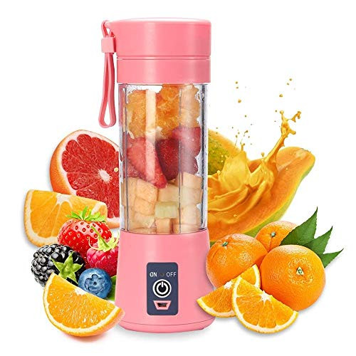 HANBO 380ml Electric Portable Juicer Blender Cup, Household Fruit Mixer with Six Blades in 3D, USB Rechargeable Juice Blender Magnetic Secure Switch Electric Fruit Mixer -Pink-