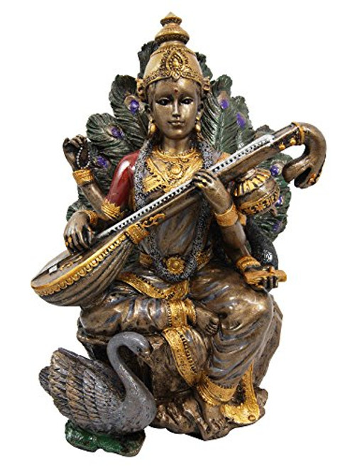 Ebros Hindu Goddess Saraswati Playing Veena with Swan Figurine Sitting On Peacock Lotus Throne Hinduism Deity Decor Altar Sculpture Eastern Enlightenment Ebros Hindu Goddess Saraswati Playing Veena with Swan Figurine Sitting On Peacock Lotus Throne Hinduism Deity Decor Altar Sculpture Eastern Enlightenment