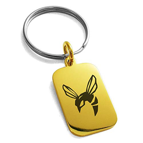 Tioneer Gold Plated Stainless Steel Hornet Small Rectangle Dog Tag Charm Keychain Keyring