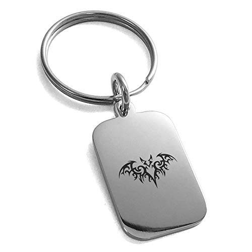 Tioneer Stainless Steel Tribal Bat Small Rectangle Dog Tag Charm Keychain Keyring