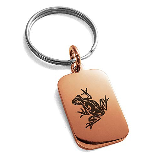Tioneer Rose Gold Plated Stainless Steel Tribal Frog Small Rectangle Dog Tag Charm Keychain Keyring