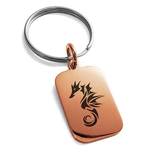 Tioneer Rose Gold Plated Stainless Steel Tribal Seahorse Small Rectangle Dog Tag Charm Keychain Keyring