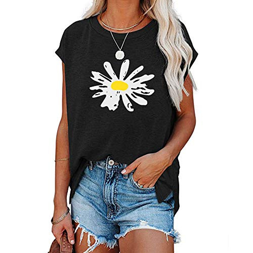 Trish Lucia Womens Summer Daisy Print T Shirts Short Sleeve Casual Tee Blouse Loose Fit Tunic Tops Black