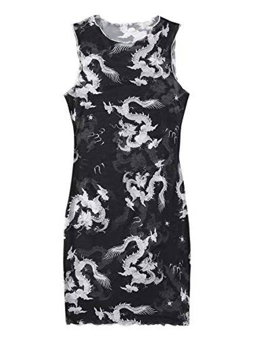 Floerns Women's Sheer Mesh Tie Dye Lettuce Trim See Through Bodycon Mini Dress Black and White XL