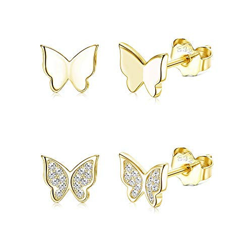 Milacolato 2 Pairs Sterling Silver Butterfly Stud Earrings for Women 14K Gold Plated Cubic Zirconia Butterfly Stud Earrings Daily Stud Earrings, Yellow Gold