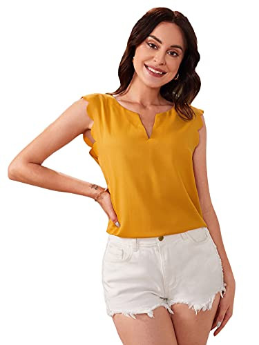 SheIn Women's Sleeveless Notched Neck Shirt Scallop Trim Solid Blouse Tops Mustard Yellow XS