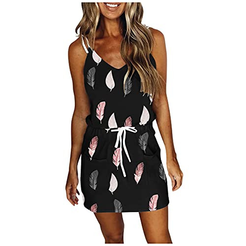 Women Dress Women's Casual V-Neck Sleeveless Drawstring Strap Open Back Sexy Print Loose Dress Colorblock Print