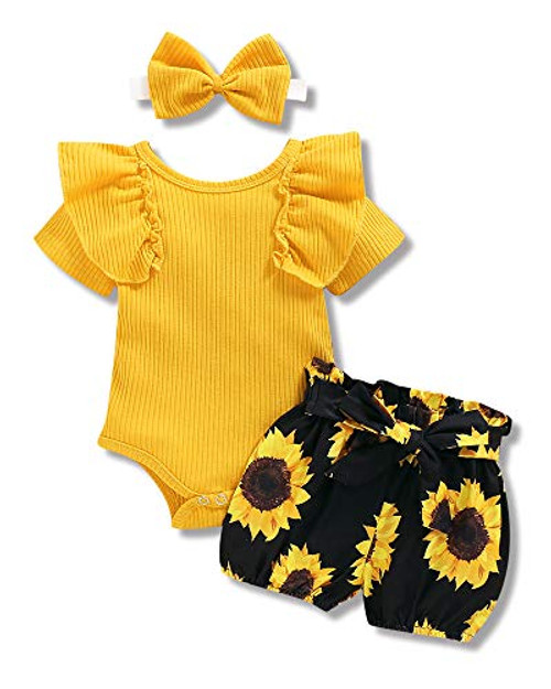veikimous Newborn Baby Girl Clothes Ruffle Romper Infant Girl Clothes Sunflower Short Pants Onesie Baby Girl Outfits Cotton Baby Girls' Clothing Yellow 0-3 Months