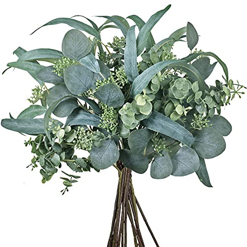 14 Pcs Bulk Mixed Eucalyptus Leaves Picks Artificial Silver Dollar Eucalyptus Leaves Branches Faux Green Stems for Vase Bouquet Wreath Floral Arrangement Wedding Rustic Farmhouse Greenery Decoration