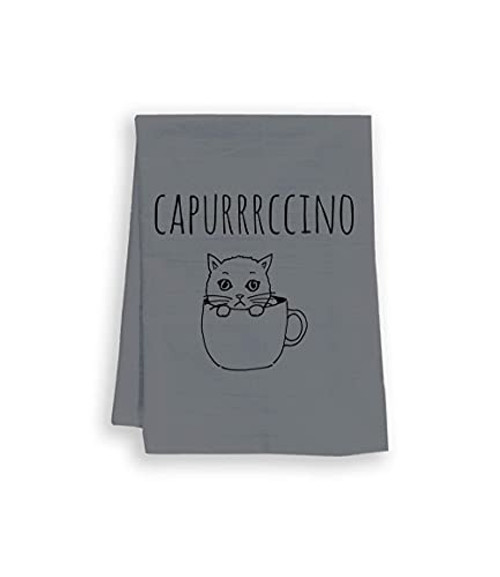 Funny Dish Towel, Capurrrccino, Flour Sack Kitchen Towel, Sweet Housewarming Gift, Farmhouse Kitchen Decor, White or Gray -Gray-