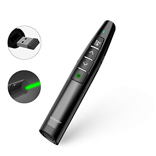 Wireless Presenter, BYEASY Presentation Clicker with Green Laser Pointer for Presentations, RF 2.4GHz PowerPoint Clicker Remote for PowerPoint Presentations and Google Slides- Black