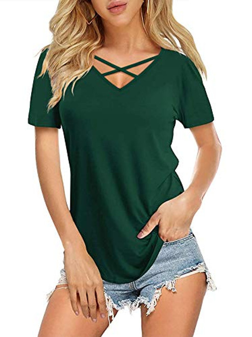 DittyandVibe Women's V Neck T Shirt Short Sleeve Summer Loose Casual Tops, Dark Green, Medium DittyandVibe Women's V Neck T Shirt Short Sleeve Summer Loose Casual Tops, Dark Green, Medium