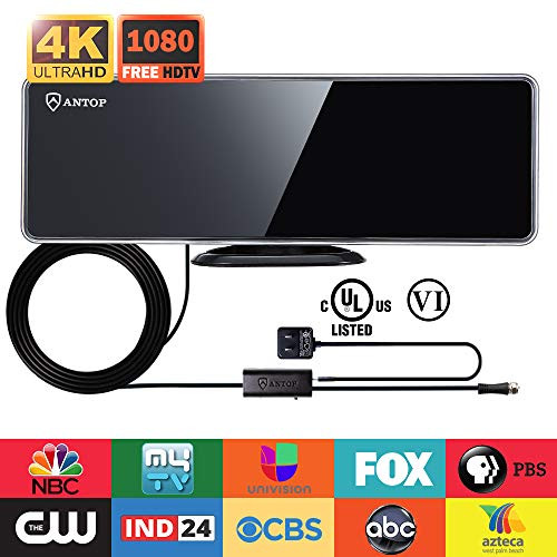 ANTOP 50 Mile HD 1080P TV Antenna Built-in 4G LTE Filter, Multi-Direction Digital Indoor Antenna with Smartpass Amplified, AM/FM Reception Band, 10ft Cable, Piano Black