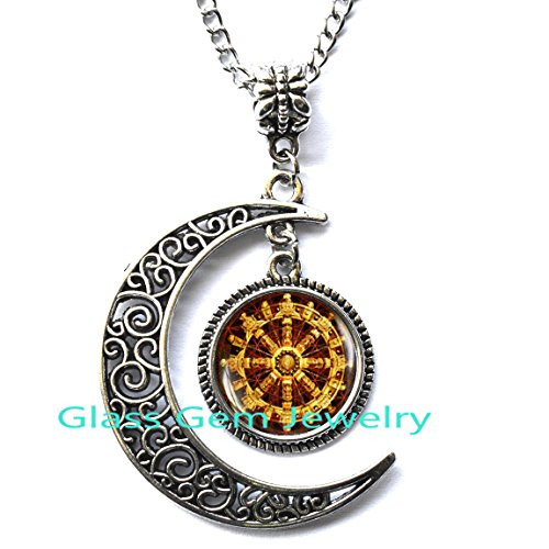 Moon Necklace Moon Pendant?Buddhist Dharma Wheel Necklace, Buddhism Necklace Buddhist Jewelry, Mandala Necklace, Sacred Geometry Necklace, Meditation Necklace