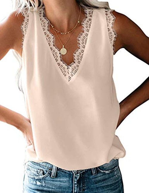 Arlita Women's Casual Lace Trim V Neck Tank Tops Loose Sleeveless Blouse Shirts -Apricot, Large-