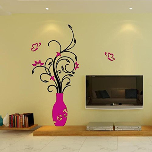 Vacally 3D Wall Stick Wallpaper DIY Vase Flower Tree Crystal Arcylic for Living Room Bedroom Background Stickers Decal Home Decor -Hot Pink-