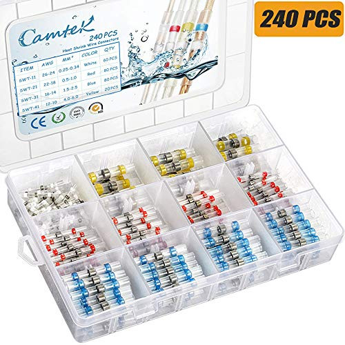 240PCS Solder Seal Wire Connectors, Camtek Heat Shrink Butt Connectors Terminals Electrical Wire Connectors Insulated Waterproof Marine Automotive Copper Connectors Kits