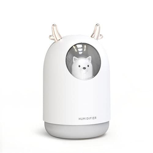 Humidifier 300ml Cool Mist Air Humidifiers Cute Pet USB Desktop Humidifier for Home Baby Bedroom Office Travel Aroma Air Oil Diffuser Romantic Color Quiet Humidifier with Night Light -White-