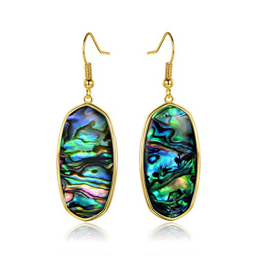 Dangle Drop Earrings for Women,14K Gold Plated Oval Abalone Hook Leverback Earrings for Ladies