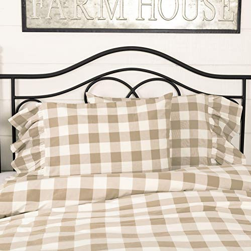 Piper Classics Rebecca Ruffled Pillow Cases or Shams, Set of 2, 21" x 27 Plus 8" Ruffle, Fits Standard Bed Pillows, Taupe & Cream Buffalo Check, Vintage Farmhouse or Country Cottage Pillow Cover