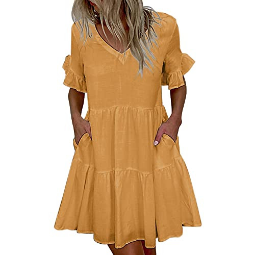 TUU Women Summer Dresses,Solid Color V-neck Ruffles Short Sleeve Beach Dress