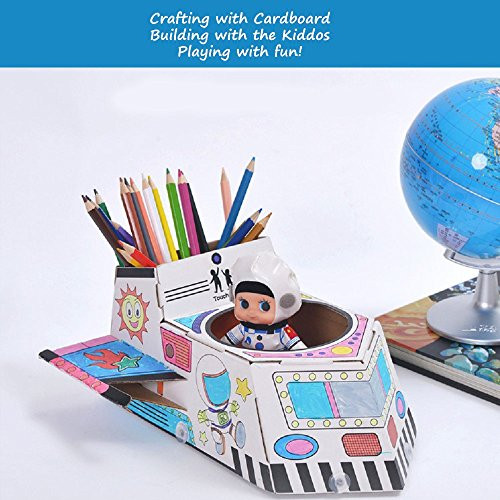 Nosto Cardboard Spaceship for Boys to Color, Create an Easy Pen Holder with Included Markers